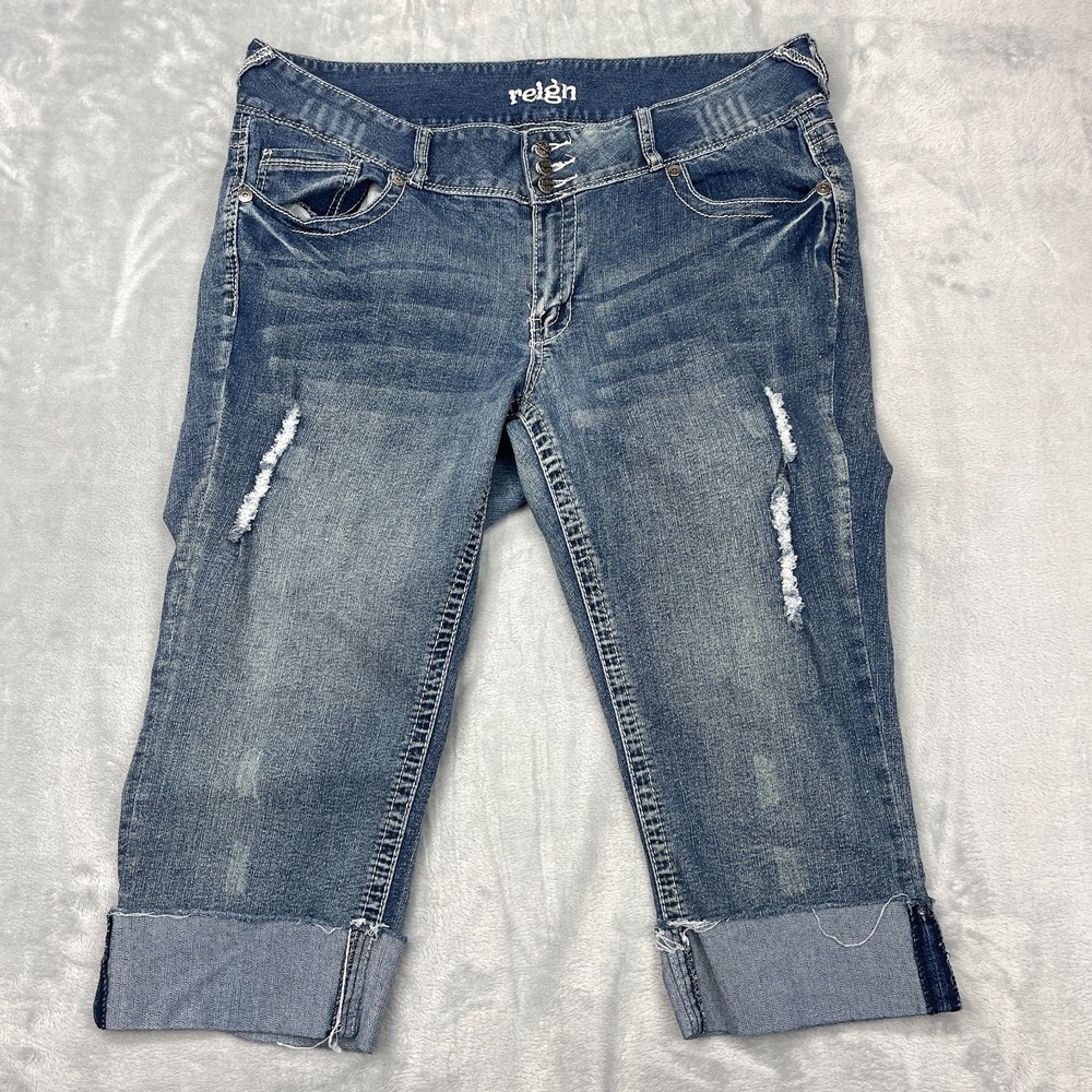 Reign Cropped Jeans Womens 39x20 Blue Whiskered Distressed Stretch Roll-Up Hem